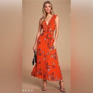 Lulu’s red orange floral print long dress, size L, worn once